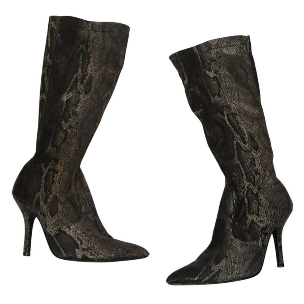 Vintage Y2K Two Lips Grey Snake Print Pointed Toe Knee High Heeled Boots 6.5
